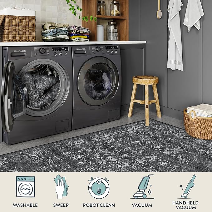 Lahome Washable Black 4x6 Area Rugs for Living Room Bedroom, Boho Vintage Non Slip Stain Resistant Floor Dining Room Carpet for Office Entrance Decor