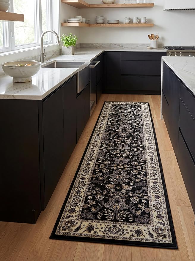 Rugs.com Yasmin Collection Rug – 16 Ft Runner Black Medium Rug Perfect for Hallways, Entryways