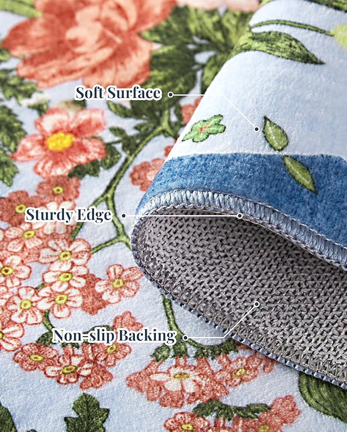 Area Rug for Living Room - 8x10 Washable Floral Rugs Non-Slip Soft Low Pile Bedroom Rug Under Bed Stain Resistant Accent Indoor Floor Carpet for Dining Room Playroom Home Office Decor, Blue
