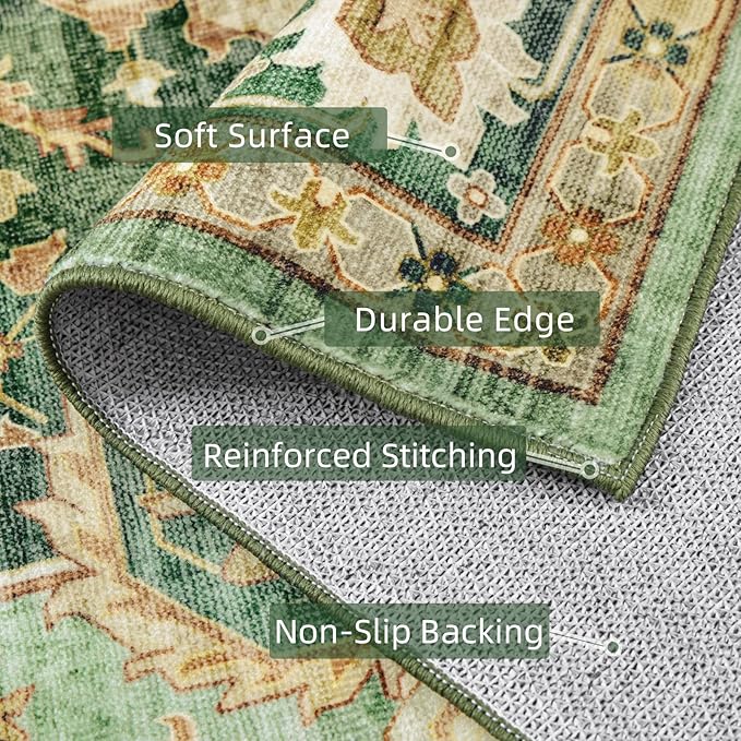 Green Rugs for Bedroom Area Rugs 5x7 Washable Rugs Boho Vintage Oriental Large Foldable Faux Wool Carpet for Living Room Nursery Room Dorm Kids Playroom Home Office