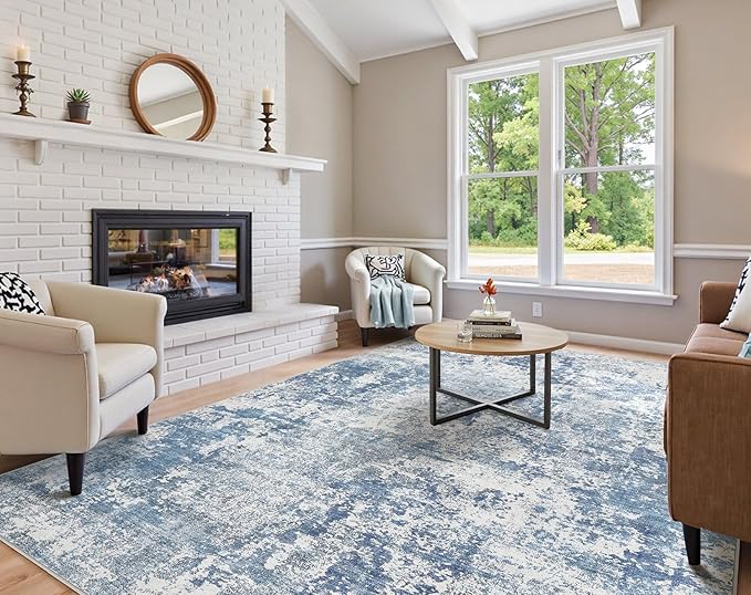 8x10 Area Living Room Rugs - Washable Neutral Modern Abstract Soft Thin Rug Indoor Floor No Slip Rug Carpet for Bedroom Under Dining Table Home Office Decor - Blue White