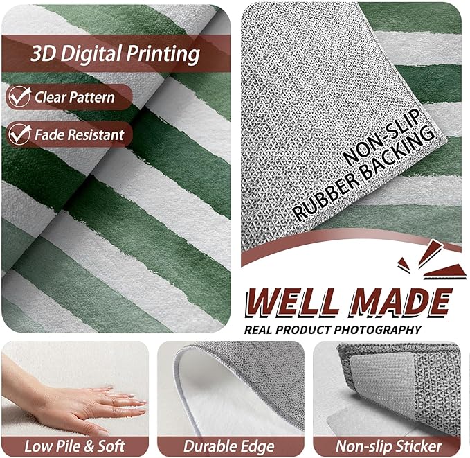 Striped Large Rug - 7x9 Area Rug - Green and White Stripe Minimalist Watercolor Rugs for Living Room Non Slip Low Pile Machine Washable Dining Room Rugs, Striped Carpet Home Decor & Gifts