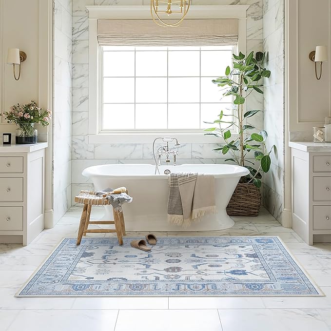 Fame Living Cream Blue Oushak Rug, Modern, Vintage, Turkish, Eclectic, Floral, Pastel, Washable, Large Area Rugs for Living Room, Dining, Bedroom, Girls, Boys, 7'5"x9'8"