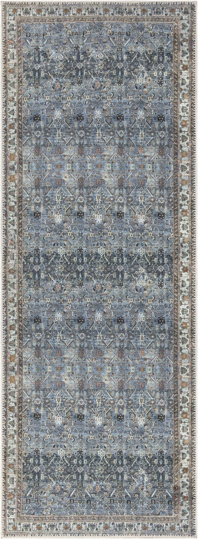 Bloom Rugs Washable Non-Slip 10 ft Runner - Blue/Beige Traditional Runner for Entryway, Hallway, Bathroom, and Kitchen - Exact Size: 2.5' x 10'
