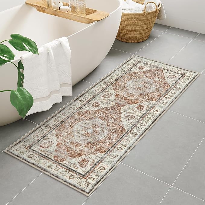 Uphome Bathroom Runner, Distressed Tribal Farmhouse Orange Bathroom Mat, Large Bath Rugs Non Slip Washable, Oriental Retro Boho Bath Mat Runner for Bathtub Sink Laundry, 24x59 inch