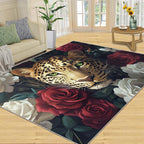 Leopard Rugs for Bedroom - 4x6 Area Rug - Flowers Leopard Rugs for Living Room, 3D Flowers Animal Rug, Washable Home Decor Carpet