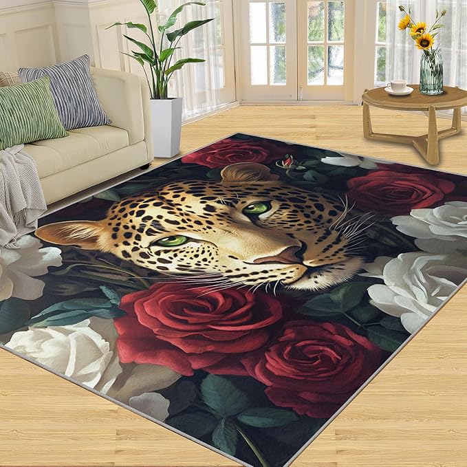Leopard Rugs for Bedroom - 5x7 Area Rug - Flowers Leopard Rugs for Living Room, 3D Flowers Animal Rug, Washable Home Decor Carpet
