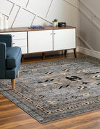 Unique Loom Taftan Collection Border Geometric Tribal Inspired Design Area Rug (8' 0 x 8' 0 Square, Gray/ Black)