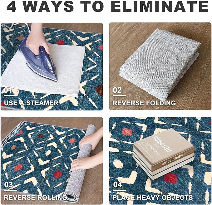 KILOCOCO Hallway Runner Rug 2.6'x8' Runners for Hallways Washable Runner Soft Non Slip Printed Geometric Low-Pile Rugs Runners for Bedroom Kitchen Living Room Boho Rugs, Teal/Blue