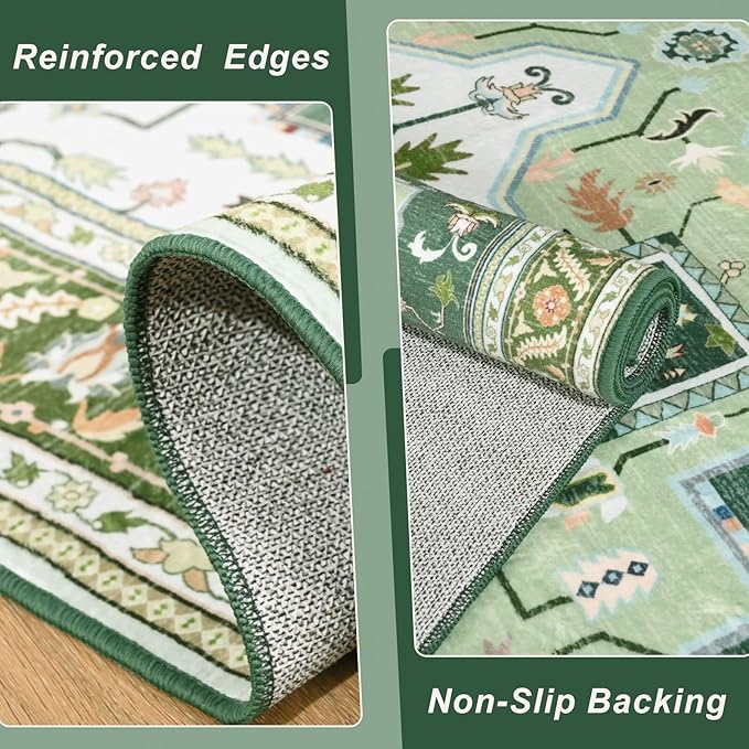 5x7 Green White Area Rug for Living Room, Machine Washable Rugs with Non-Slip Backing for Bedroom, Vintage Medallion Carpet Dining Room Office Kids Room Decor