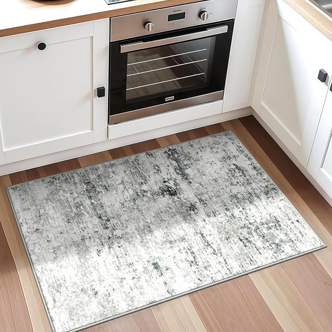 2x3 Machine Washable Area Rug for Entryway, Grey Modern Vintage Abstract Rug Non-Slip Low Pile Soft Faux Wool Small Carpet, Kids and Pets Friendly for Bedroom Kitchen Hallway Home Decor Rug