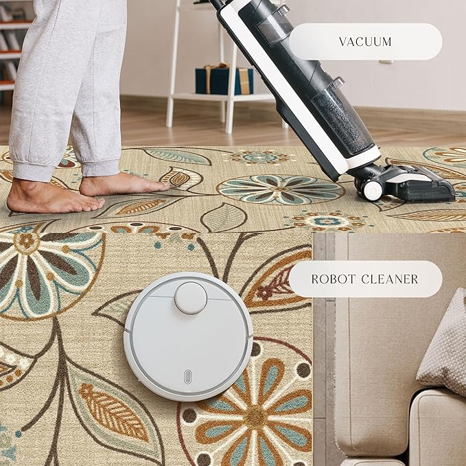 Maples Rugs Reggie Floral Runner Rug - Made in USA - Washable, Non Slip Indoor Carpet for Kitchen, Hallway, and Laundry Room, 2' x 9', Beige