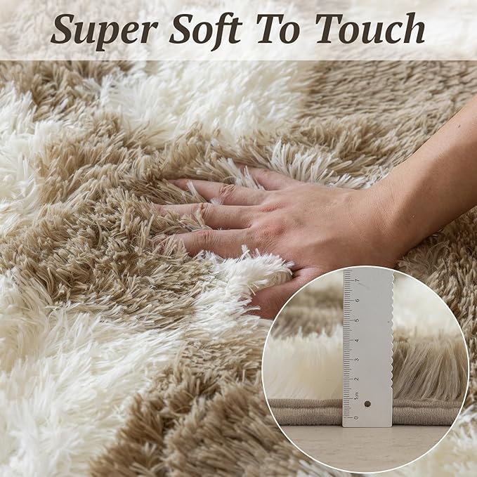 6x9 Area Rugs for Living Room Bedroom, Soft Fluffy Shaggy Bedside Rug, Indoor Floor Carpet for Kids Playroom, Dorms, Nursery Rooms, Home Decor (Camel & White 6'x9')