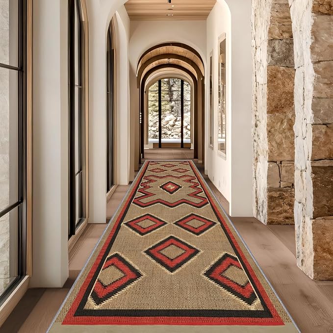 Brown Base Red Black Diamond Runner Rug, 3x8ft Zigzag Pattern Hallway Runner Rug, Corridor & Foyer High-Traffic Area Rugs, Durable Flannel Carpet Non-Slip Mat, Southwestern Home Decor
