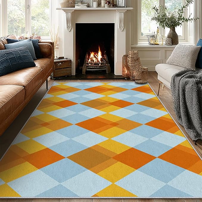 Washable 6x8 Diamond Rug Living Room, Geometric Orange and Blue Plaid Design Area Rugs for Bedroom, Diamond Home Decor Carpet, Low Pile, Non Slip, Kids & Pet Friendly (N4145)