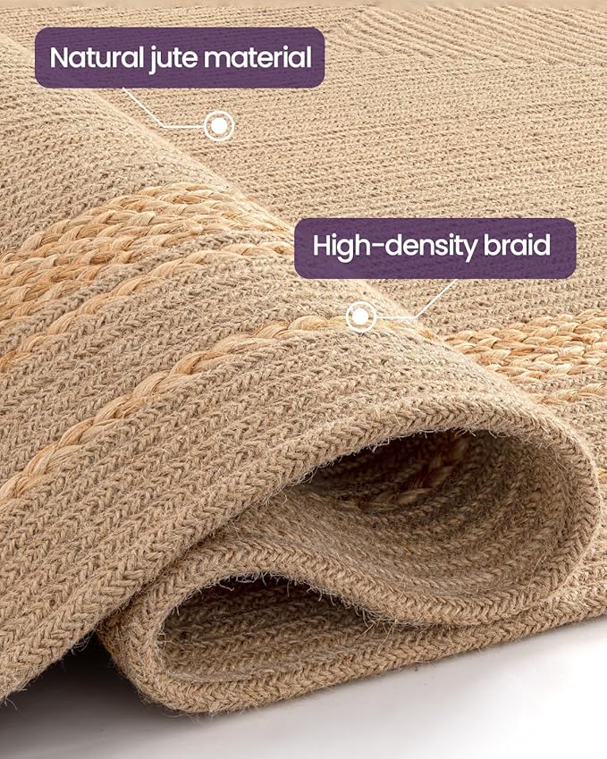 DEXI Jute Rug Natural Fiber 4x6, Braided Woven Area Rugs No Shed, Soft Neutral Rustic Carpet Mat for Indoor Entryway Outdoor Patio Dining Living Room Bedroom Farmhouse, Beige/Natural