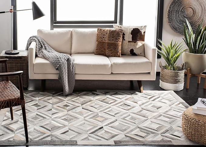 Premium Diamond Pattern Leather Area Rug, Geometric Cowhide Patchwork Carpet - 5X8 ft, Luxury Beige and Grey Non-Slip Floor Accent for Dining Room, Living Room, Hallway