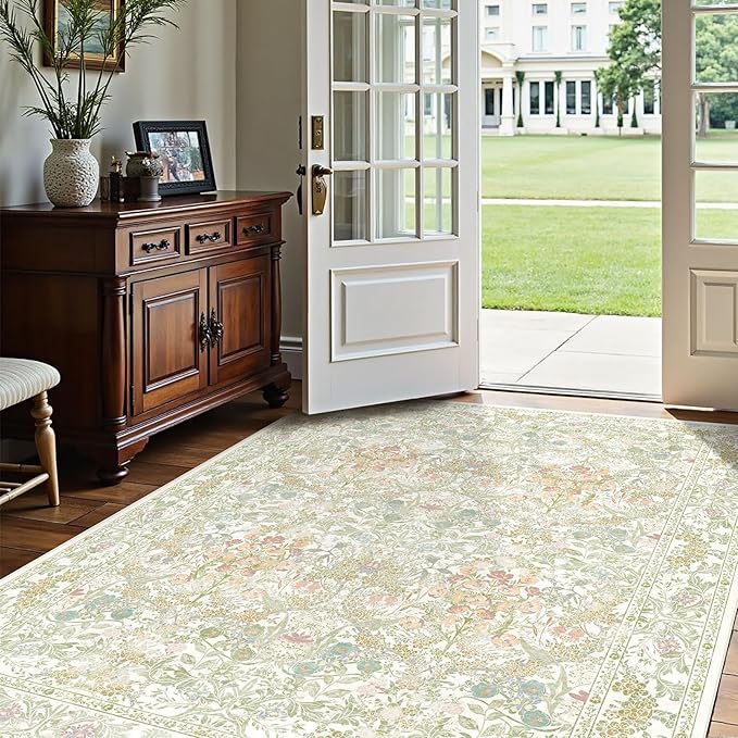 Boho Sage Green Bedside 3x5 Washable Rug for Bedroom, Thin Botanical Vintage Area Rug for Large Entry, Dorm, Kitchen, Foyer, Mudroom, Laundry - Cottage Core Low Pile Non Slip Indoor Front Door Carpet
