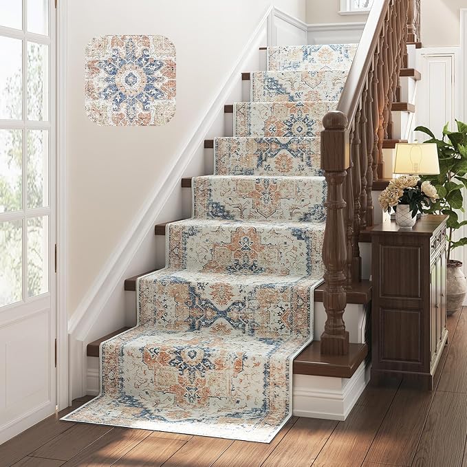 jinchan Runner Rug 3x10 Vintage Hallway Rug Kitchen Washable Runner Retro Floor Cover Lightweight Non-Slip Low Pile Thin Distressed Carpet for Entryway Bathroom Laundry Room Bedroom Stairway Orange