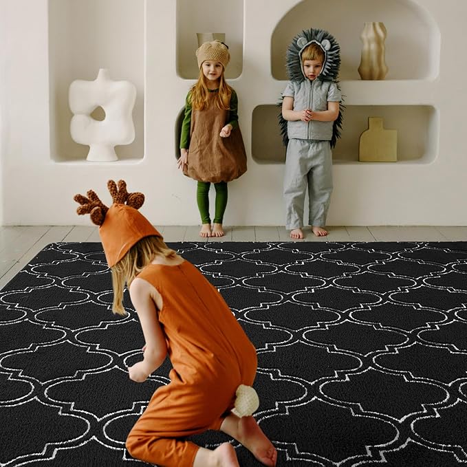 Amearea Fluffy Indoor Trellis Rug, Soft Moroccan Home Rugs for Bedroom, Shag Modern Area Rug for Living Room Kids Room Nursery, Easy Clean, Home Decor Low Pile Carpet, Black 4x6 Feet