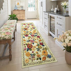 2x6 Machine Washable Runner Rug, Kitchen Hallway Area Rug Green Vintage Boho Floral Ultra Non-Slip Low Pile Soft Faux Wool Carpet, Kids and Pets Friendly for Bedroom Entryway Nursery Home Decor Rug
