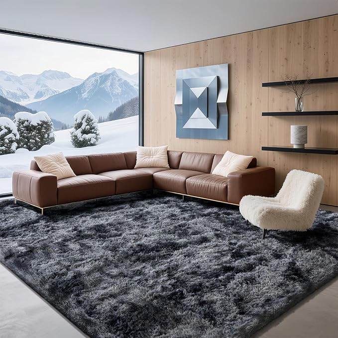 8x10 Area Rugs for Living Room Bedroom, Soft Fluffy Shaggy Bedside Rug, Indoor Floor Carpet for Kids Playroom, Dorms, Nursery Rooms, Home Decor (Tie-Dyed Dark Grey 8'x10')