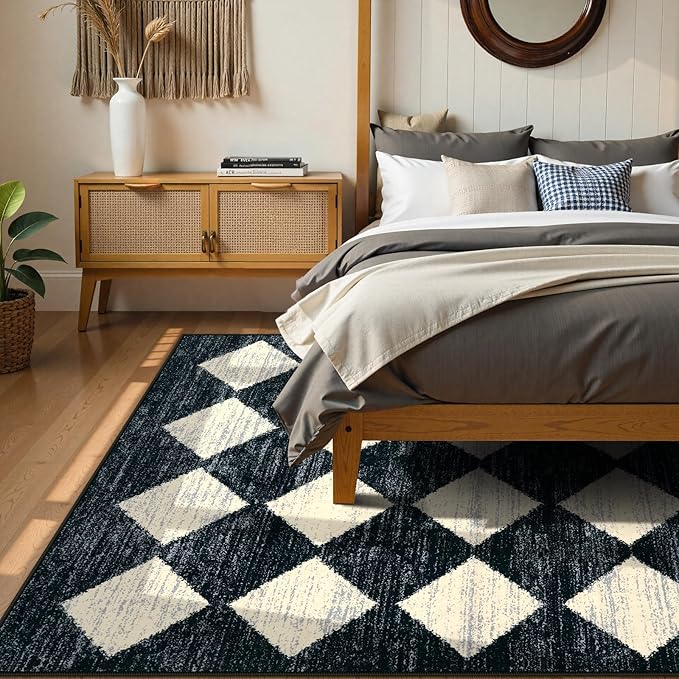 Lahome Checkered Washable 8 x 10 Area Rugs for Living Room, Black Bedroom Rug 8x10 Under Bed, Geometric Trellis Soft Ultra-Thin Indoor Carpet for Dining Room Dorm Kids Playroom (8'x10',Black)