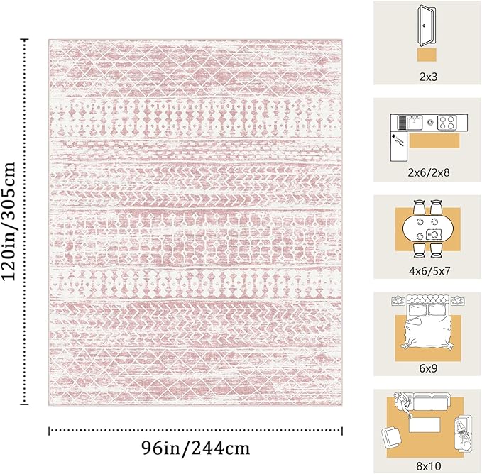 8x10 Machine Washable Area Rug for Living Room, Pink Vintage Moroccan Rug Large Non-Slip Low Pile Soft Faux Wool Carpet, Kids and Pets Friendly for Bedroom Dining Room Farmhouse Home Decor Rug