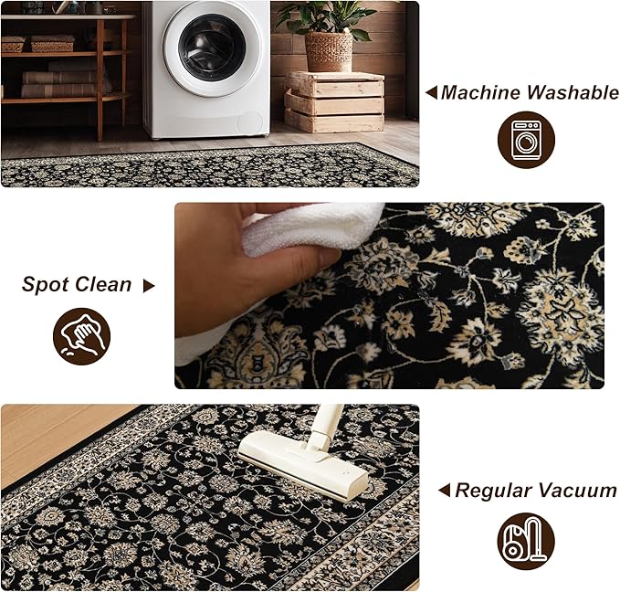 XWZO Runner Rug 2x10ft for Long Hallways, Washable Non-Slip Low Pile Area Rug with Rubber Backing, Spill Resistant Soft Vintage Floor Carpet for Kitchen Entryway Stair Landing Living Room, Black