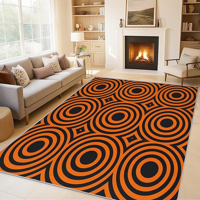 4x6 Geometric Circle Rugs for Bedroom Decor, Washable Retro 60s 70s Geometry Pattern Area Rug, Living Room Home Decoration, Non Slip Soft Thin, Black Orange Decor Carpet PF-P 49