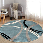 Rugshop Modern Wavy Circles Design Round Rug, Carpet with Jute Backing for Living Room, Bedroom, or Playroom, Blue, 6'6" Round