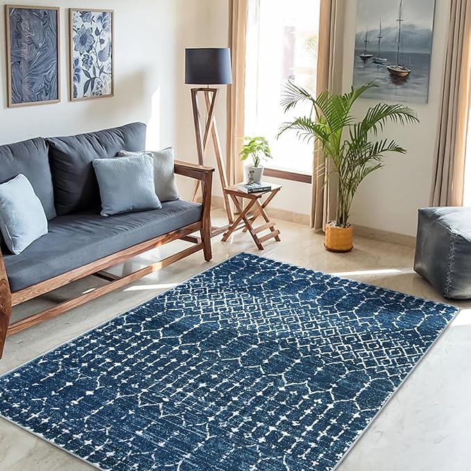 Lahome Moroccan Blue 3x5 Non-Slip Washable Soft Rug for Bedroom Floor Throw, Geometric Print Distressed Indoor Modern Rug for Entryway, Dining Room, Bathroom