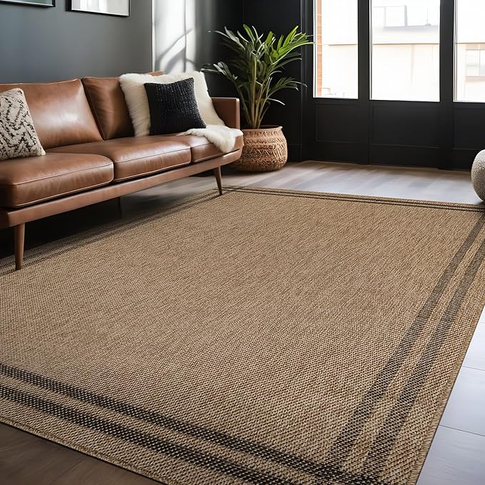Easy Jute Rugs 5x7 Bordered Natural Color Living Room Indoor Outdoor Area Rug for Patio and Kitchen Rug High Traffic Washable Easy to Clean Solid Boho Woven Design Outside Carpet (5 x 7)