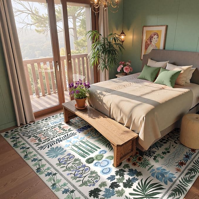 Floral Boho Washable Area Rug for Bedroom, Large Botanical Living Room Rugs 8x10, Non Slip Soft Indoor Throw Carpet for Home Office Nursery Dining Room Playroom (Beige,8 x 10)