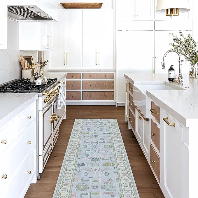 Fame Living Cream Blue Oushak Rug, Modern Rugs, Vintage, Turkish, Eclectic, Floral, Pastel, Washable, Small Throw, Accent Area Rug for Living Room, Bedroom, Kitchen, Bathroom, 2'5"x4'9