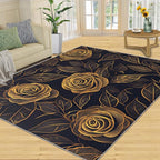 Rose Rugs for Bedroom - 5x6 Area Rug - Black Gold Flowers Rugs for Living Room, European Light Luxury Flowers Rug, Washable Home Decor Carpet