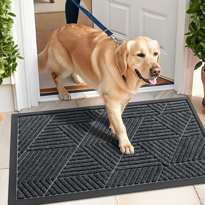 Kitinjoy Front Door Mat Outside Entrance, Sturdy Natural Dirt Trapper, Heavy Duty Rubber Doormat, Low Profile Non-Slip Backing, Easy Clean Floor Mat for Indoor Outdoor Entry, 35X23 Inch, Grey