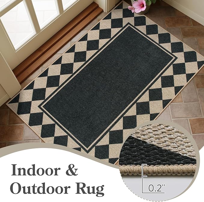 Moynesa Easy Jute Hallways Runner Rugs Washable 2x6 Entryway Rug Runners for Kitchen Black Checkered Indoor Outdoor Carpet for Entryway Patio, Diamond Grid Mat for Bathroom Bedroom Laundry