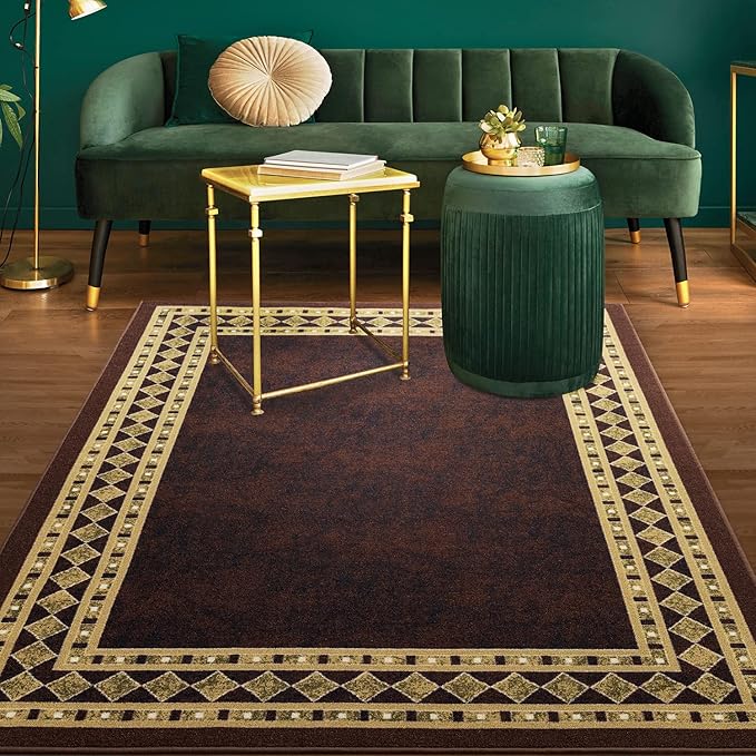 Antep Rugs Alfombras Modern Bordered 4x6 Non-Skid (Non-Slip) Low Profile Pile Rubber Backing Indoor Area Rugs (Brown Beige, 4' x 5'8")