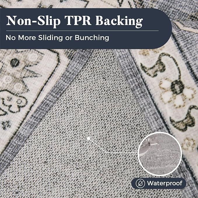PURRUGS Vintage Farmhouse Boho Area Rug 5x7 ft, Non-Slip Machine Washable Rug, Accent Oriental Rug for Living Room, Dining Room, Bedroom, Entryway and Kitchen, Periwinkle Gray/Soft Ivory
