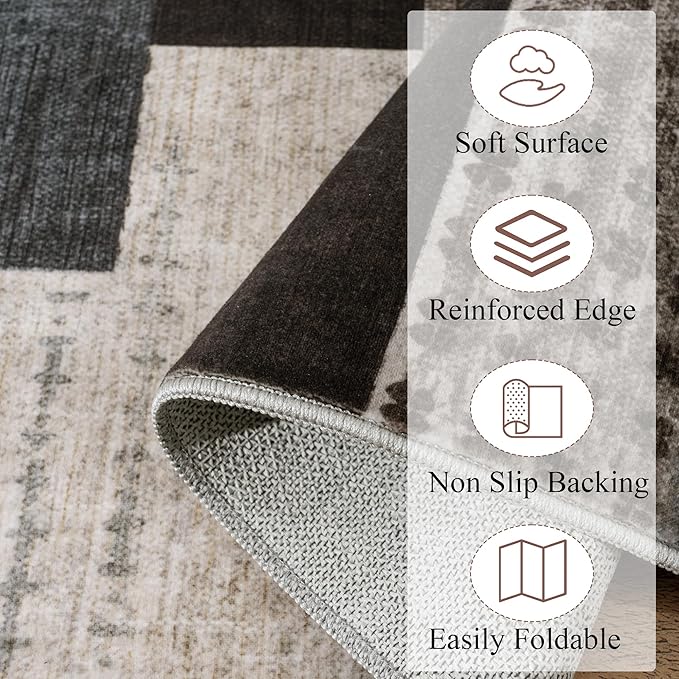 Modern Geometric Patchwork Indoor Runner Rug for Living Room, Blue-Taupe 2.7'x 8' Rug Rockwood Collection Hardwood Floors Decor for Bedroom, Blue Throw Carpet for Office Entryway Dining Room