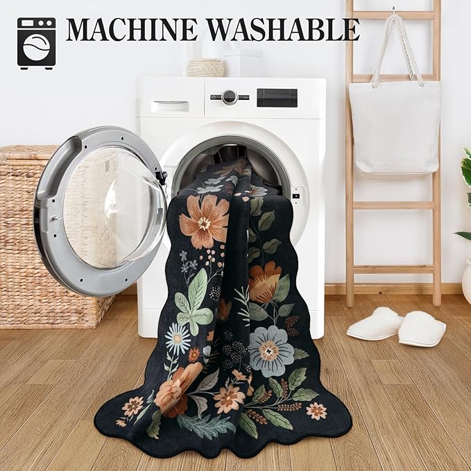 Lahome Floral Entryway Rug, 2x4 Washable Kitchen Rug Ultra-Thin, Non-Slip Soft Door Mat Indoor Entrance Stain Resistant Boho Small Low-Pile Throw Carpet for Bathroom Bedroom(2x4ft,Black/Grey)