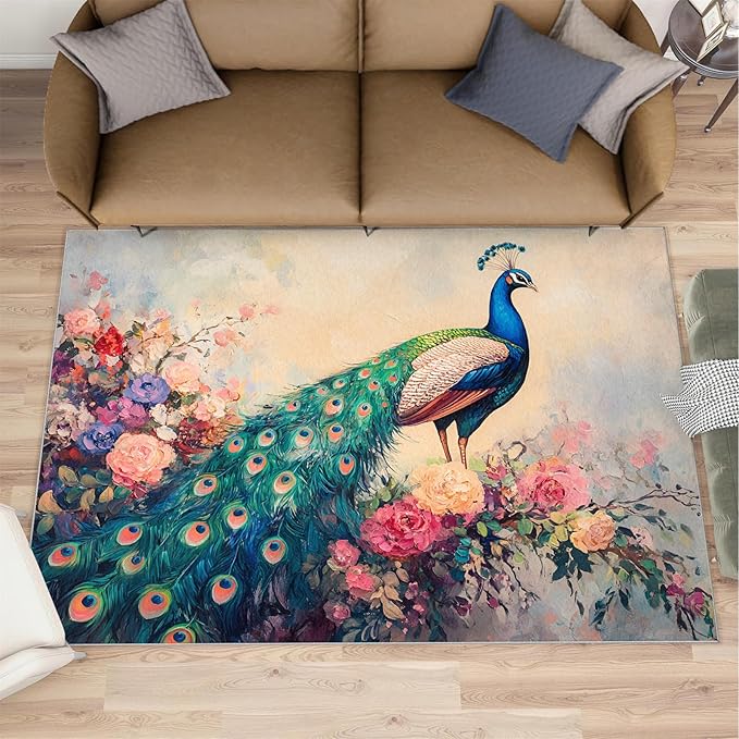 Peacock Peony Rug 6x8-6x8 Rug, Classic Peacock Peony Area Rugs for Bedroom, Teal Turquoise Rugs for Living Room, Peafowl Washable Mat, Malachite Green Feather Carpet - Peafowl Home Decor & Gifts