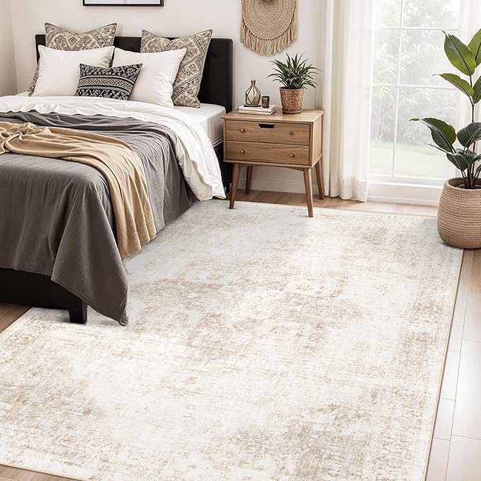 Area Rug 5x7 Washable Rug, Vintage Boho Medallion Rugs Non-Slip Soft Low Pile Large Distressed Rug Indoor Retro Carpet for Living Room Bedroom Dining Room Home Office (Beige, 5'x7')