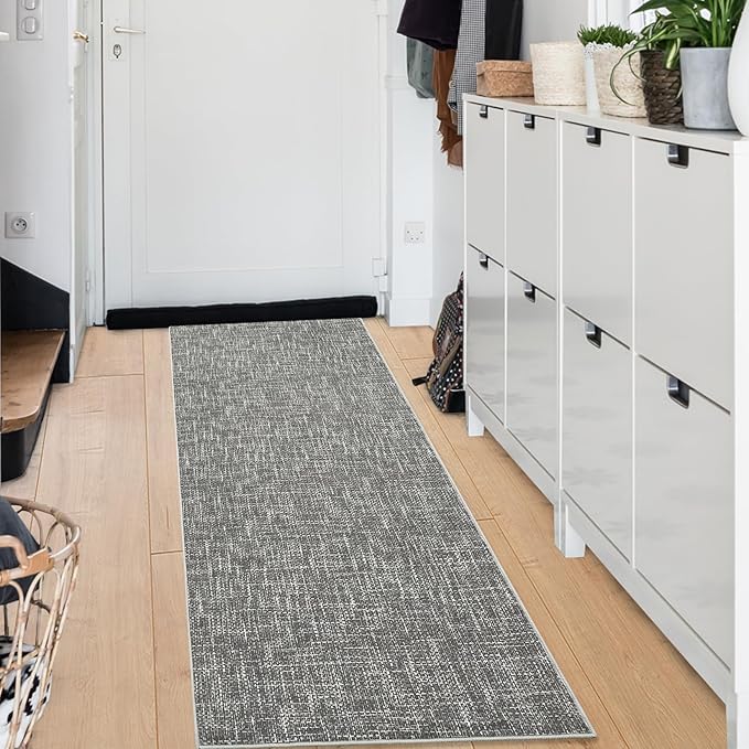 RUGSREAL 2x6 Runner Rug Washable Kitchen Runner Rug Modern Abstract Runner Mat for Hallway Contemporary Solid Rug Non-Slip Foldable Aesthetic Accent Floor Carpet for Living Room Bedroom, Grey