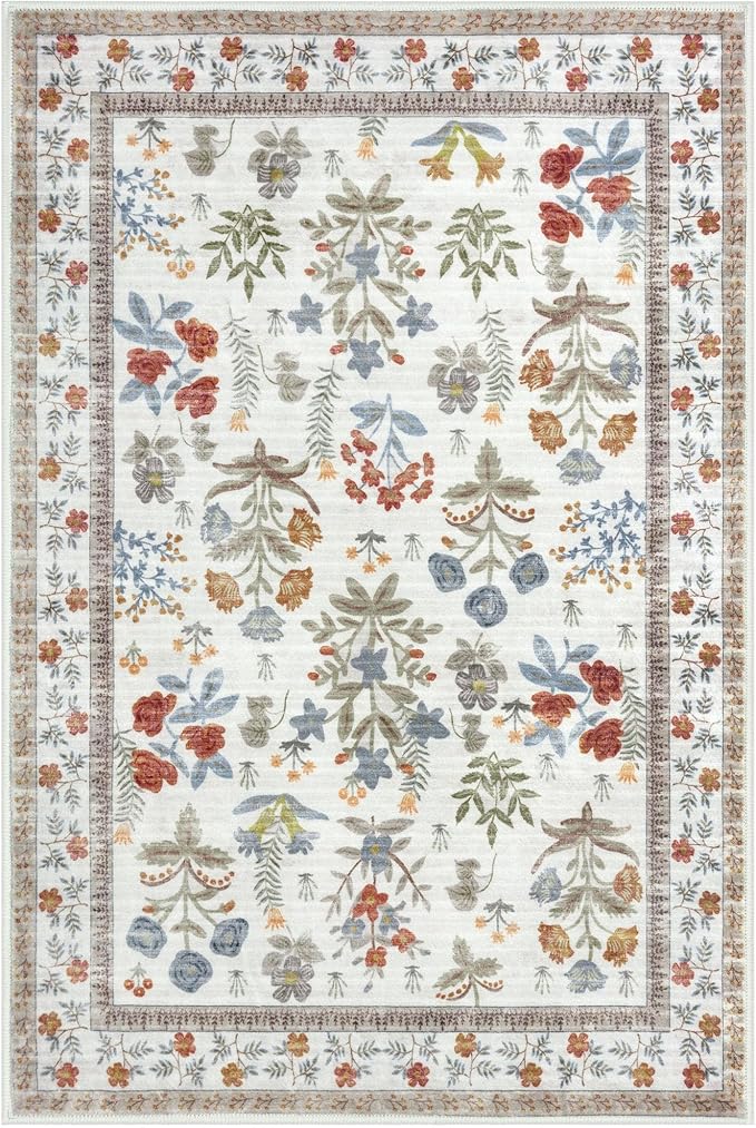 Boho Entryway Rug 2x3 Washable, Ivory Floral Kitchen Rug, Super Thin Faux Wool Small Area Rug, Non-Slip Soft Carpet for Foyer, Bedroom, Office