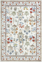 Boho Entryway Rug 2x3 Washable, Ivory Floral Kitchen Rug, Super Thin Faux Wool Small Area Rug, Non-Slip Soft Carpet for Foyer, Bedroom, Office