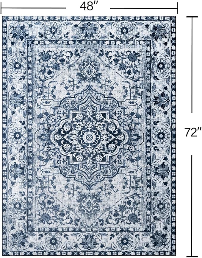 YJ.GWL Area Rugs for Living Room 4x6 Machine Washable Rugs for Bedroom, Non Slip Floral Vintage Rug Indoor Carpet, Stain Resistant Throw Rug for Dining Room Kitchen, Navy Blue