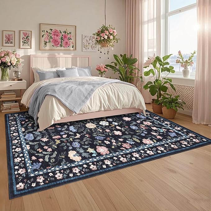 8x10 Washable Floral Distressed Rug, Vintage Farmhouse Area Rug for Living Room, Non-Slip Low Pile Soft Carpet for Nursery Bedroom Dining Room Home Office, Dark Grey Blue