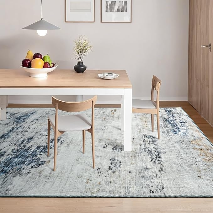 Toneed Abstract Area Rug Modern Washable Rug Soft Non Slip Rug Low Pile for Bedroom Living Room Dining Room Blue/White 4x6 Feet
